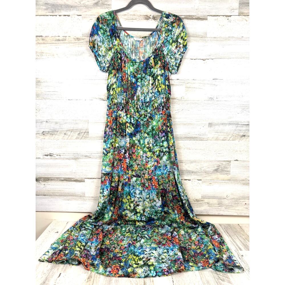 Atelier Womens M Multi Wildflower Elastic Waist Short Sleeve Summer Maxi Dress